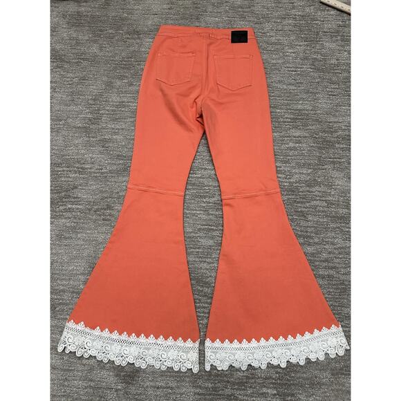 Lucky & Blessed Flare Pants Womens 2 Coral Lace Trim Boho Festival Retro Western - Picture 5 of 13